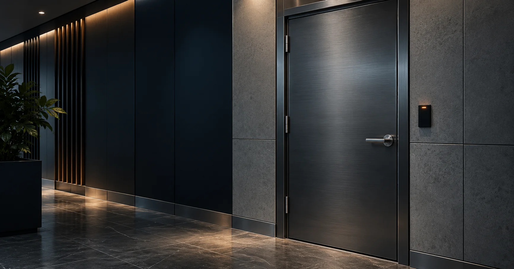 Illustration of an access-controlled doorway with a wall-mounted card reader